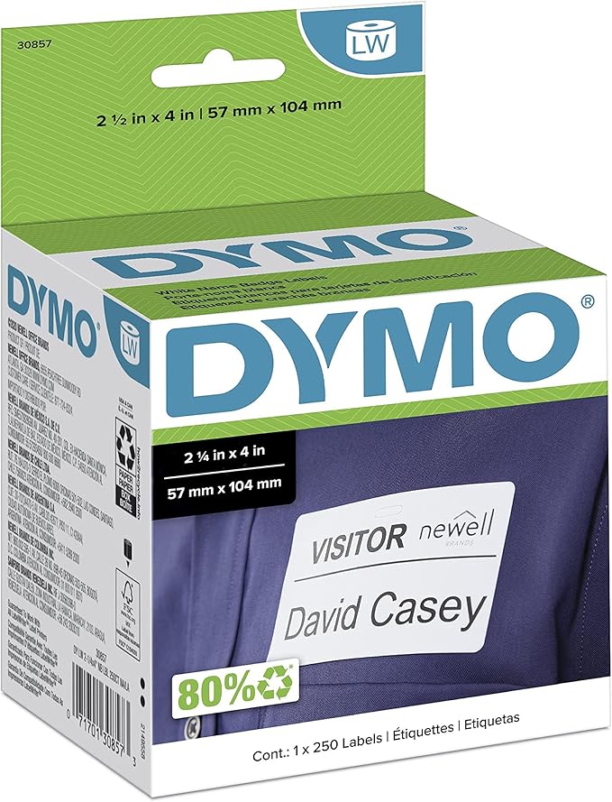 DYMO Authentic LW Name Badge Labels DYMO Labels for LabelWriter Printers White 2 - 1/4" x 4" 1 Roll of 250 | Laser Inkjet Printer Labels - TrueDesk