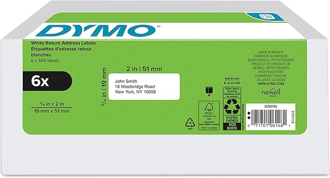 DYMO Authentic LW Return Address Labels for LabelWriter Label Printers, White, 3/4" x 2", 6 Rolls of 500 (3000 Total) | Address Labels - TrueDesk