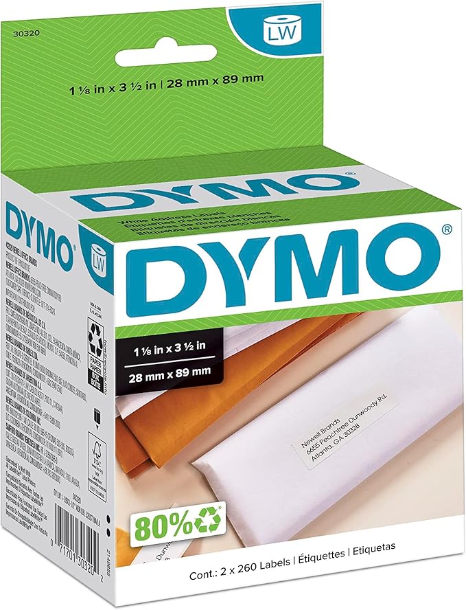 DYMO LW Mailing Address Labels for LabelWriter Label Printers, White, 1 - 1/8'' x 3 - 1/2'', 2 Rolls of 260 | Address Labels - TrueDesk