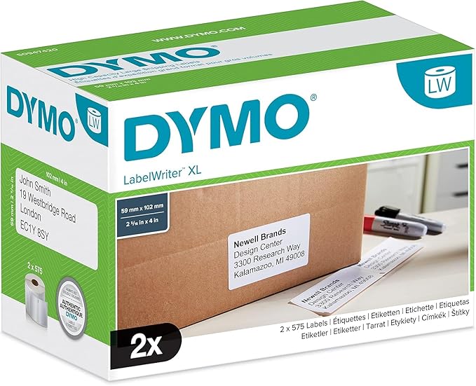 Dymo S0947420 LabelWriter 4XL High Capacity Large Shipping Labels, 102 x 59 mm, 2 Rolls of 575 - Black Print on White | Address Labels - TrueDesk