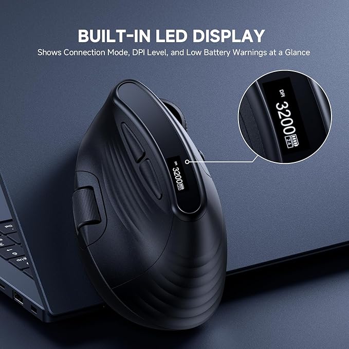 ECHTPower Ergonomic Vertical Mouse, Wireless Rechargeable Mouse with LED Display, 7 - Level Adjustable DPI up to 8000, Silent & Programmable Buttons, Multi - Device Connection for PC/Mac/Laptop | Mice - TrueDesk