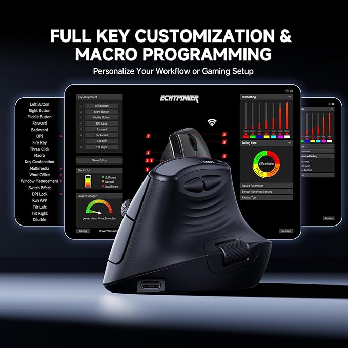 ECHTPower Ergonomic Vertical Mouse, Wireless Rechargeable Mouse with LED Display, 7 - Level Adjustable DPI up to 8000, Silent & Programmable Buttons, Multi - Device Connection for PC/Mac/Laptop | Mice - TrueDesk