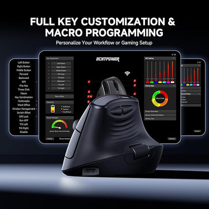 ECHTPower Ergonomic Vertical Mouse, Wireless Rechargeable Mouse with LED Display, 7 - Level Adjustable DPI up to 8000, Silent & Programmable Buttons, Multi - Device Connection for PC/Mac/Laptop | Mice - TrueDesk