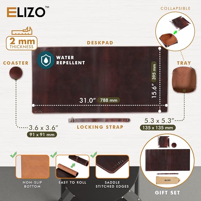 ELIZO Genuine Leather Desk Pad Leather Desk Mat (Bourbon2, 31x15.6 Single Layer2) | Desk Pads Blotters - TrueDesk
