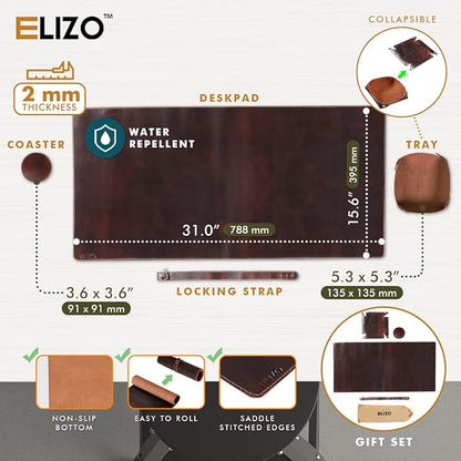ELIZO Genuine Leather Desk Pad Leather Desk Mat (Bourbon2, 31x15.6 Single Layer2) | Desk Pads Blotters - TrueDesk