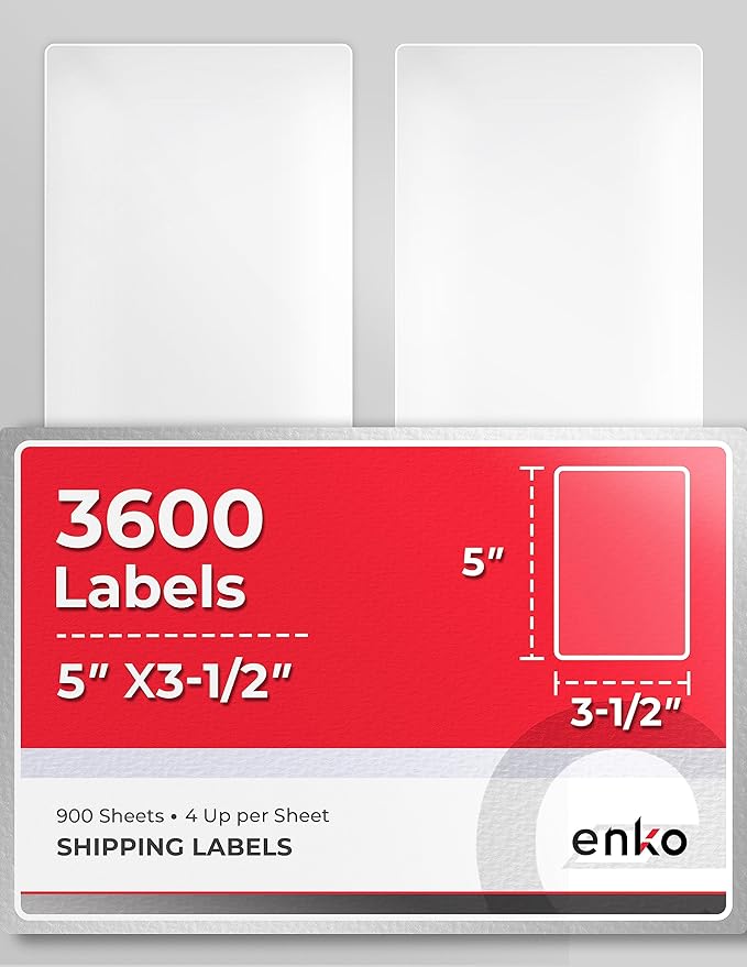 enKo - 3 - 1/2 x 5 Inch Label - White Blank - 4 Up Per Sheet Shipping Address Mailing Labels for Laser Inkjet Printer (900 Sheets, 3600 Labels) | Laser Inkjet Printer Labels - TrueDesk