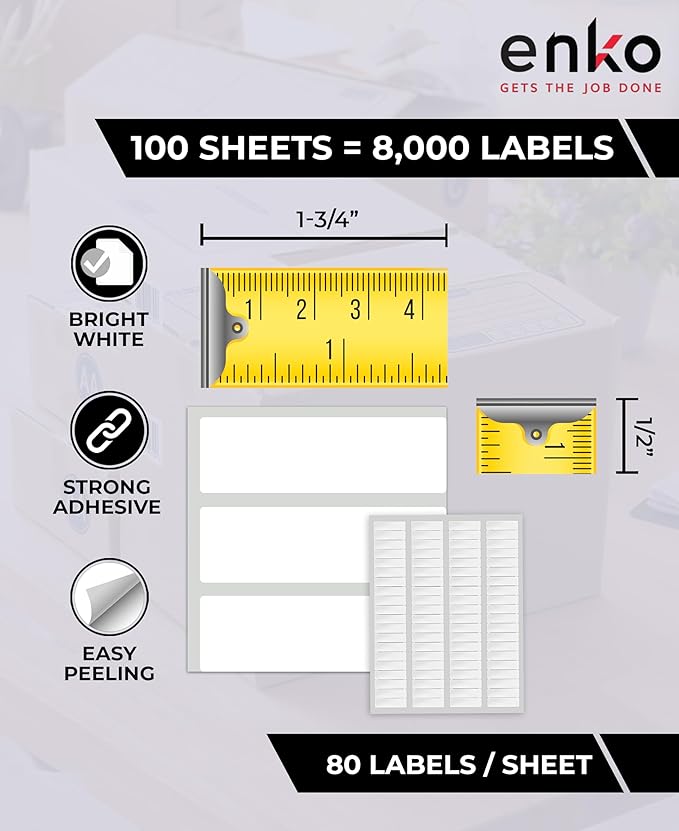 enKo 8000 Labels, 1/2" x 1 - 3/4" - White - Address, Mailing, Shipping & Barcode Blank Labels for Laser and Inkjet Printers | Laser Inkjet Printer Labels - TrueDesk
