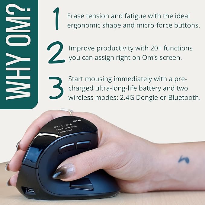 Ergodriven Om Vertical Ergonomic Mouse | Wireless: Bluetooth & 2.4G | Rechargeable, Optical, 4 DPI Levels, 5 Custom Buttons | for PC, Mac, Laptop, Computer | Silent Click | Copy/Paste Function | Mice - TrueDesk