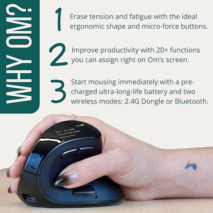 Ergodriven Om Vertical Ergonomic Mouse | Wireless: Bluetooth & 2.4G | Rechargeable, Optical, 4 DPI Levels, 5 Custom Buttons | for PC, Mac, Laptop, Computer | Silent Click | Copy/Paste Function | Mice - TrueDesk
