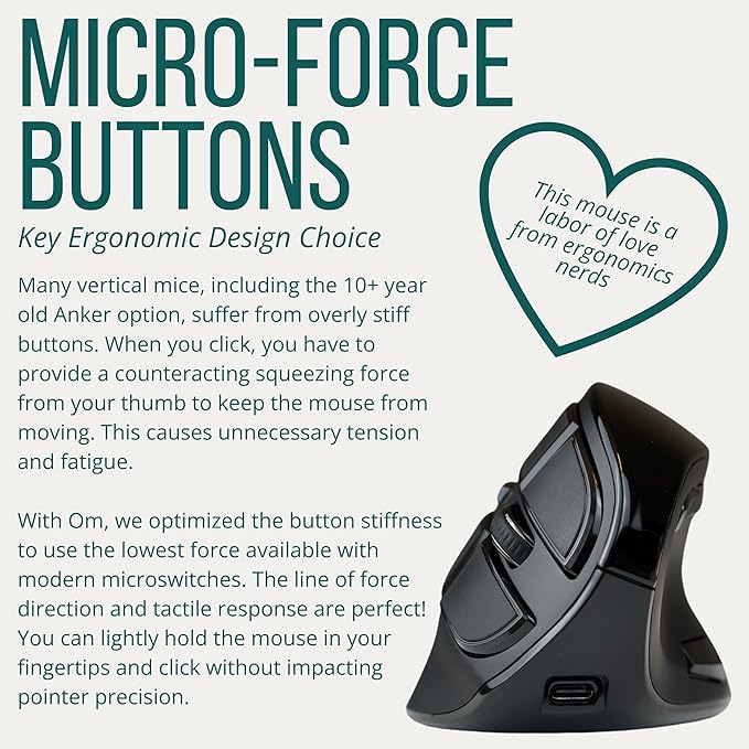 Ergodriven Om Vertical Ergonomic Mouse | Wireless: Bluetooth & 2.4G | Rechargeable, Optical, 4 DPI Levels, 5 Custom Buttons | for PC, Mac, Laptop, Computer | Silent Click | Copy/Paste Function | Mice - TrueDesk