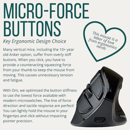 Ergodriven Om Vertical Ergonomic Mouse | Wireless: Bluetooth & 2.4G | Rechargeable, Optical, 4 DPI Levels, 5 Custom Buttons | for PC, Mac, Laptop, Computer | Silent Click | Copy/Paste Function | Mice - TrueDesk