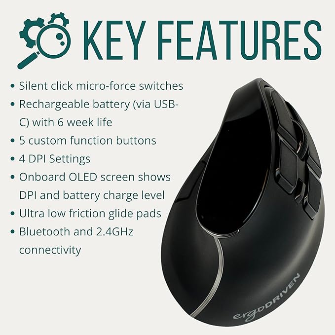 Ergodriven Om Vertical Ergonomic Mouse | Wireless: Bluetooth & 2.4G | Rechargeable, Optical, 4 DPI Levels, 5 Custom Buttons | for PC, Mac, Laptop, Computer | Silent Click | Copy/Paste Function | Mice - TrueDesk