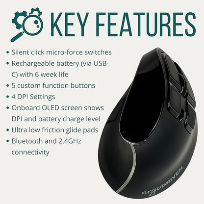 Ergodriven Om Vertical Ergonomic Mouse | Wireless: Bluetooth & 2.4G | Rechargeable, Optical, 4 DPI Levels, 5 Custom Buttons | for PC, Mac, Laptop, Computer | Silent Click | Copy/Paste Function | Mice - TrueDesk
