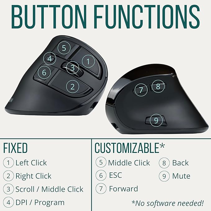 Ergodriven Om Vertical Ergonomic Mouse | Wireless: Bluetooth & 2.4G | Rechargeable, Optical, 4 DPI Levels, 5 Custom Buttons | for PC, Mac, Laptop, Computer | Silent Click | Copy/Paste Function | Mice - TrueDesk