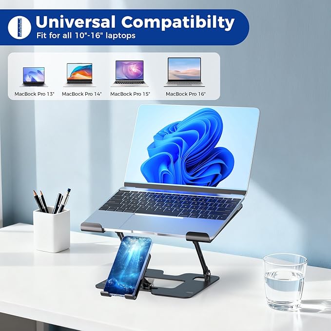 Ergonomic 2 - in - 1 Laptop Phone Stand for Desk, Adjustable Riser, Sturdy and Portable, Fits All Laptops and Phone (Black) | Stands - TrueDesk