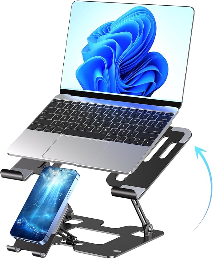 Ergonomic 2 - in - 1 Laptop Phone Stand for Desk, Adjustable Riser, Sturdy and Portable, Fits All Laptops and Phone (Black) | Stands - TrueDesk