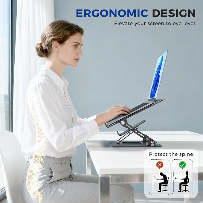 Ergonomic 2 - in - 1 Laptop Phone Stand for Desk, Adjustable Riser, Sturdy and Portable, Fits All Laptops and Phone (Black) | Stands - TrueDesk