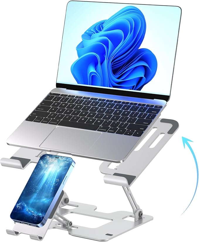 Ergonomic 2 - in - 1 Laptop Phone Stand for Desk, Adjustable Riser, Sturdy and Portable, Fits All Laptops and Phone (White) | Stands - TrueDesk