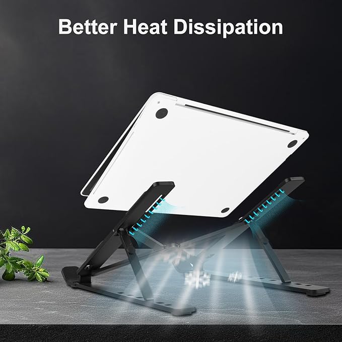 Ergonomic and Foldable Laptop Stand for Desk, Adjustable Riser, Fits All Laptops and Notebooks up to 17,Ultra - Thin,Ventilated Cooling,ABS+Silicone,Black. | Stands - TrueDesk