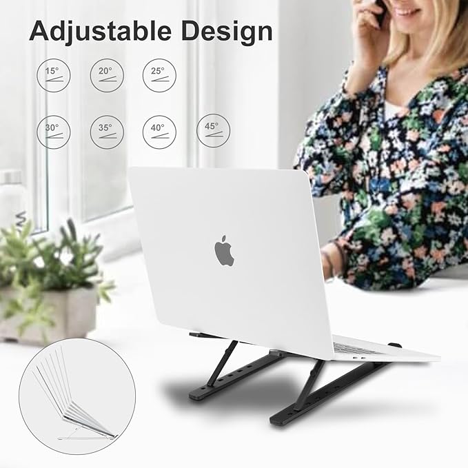 Ergonomic and Foldable Laptop Stand for Desk, Adjustable Riser, Fits All Laptops and Notebooks up to 17,Ultra - Thin,Ventilated Cooling,ABS+Silicone,Black. | Stands - TrueDesk