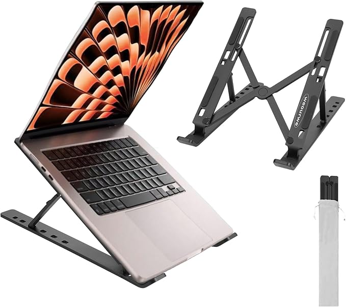 Ergonomic and Foldable Laptop Stand for Desk, Adjustable Riser, Fits All Laptops and Notebooks up to 17,Ultra - Thin,Ventilated Cooling,ABS+Silicone,Black. | Stands - TrueDesk