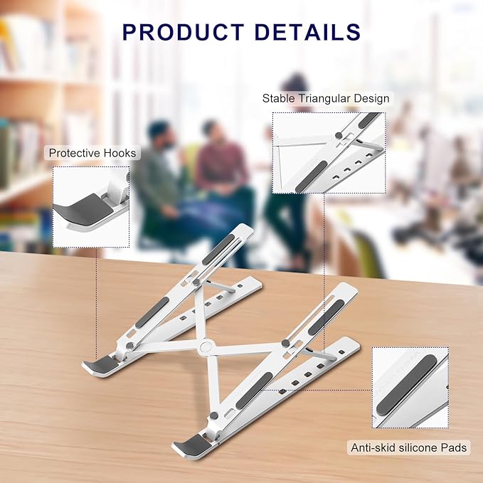 Ergonomic and Foldable Laptop Stand for Desk, Adjustable Riser, Fits All Laptops and Notebooks up to 17,Ultra - Thin,Ventilated Cooling,ABS+Silicone,Silver. | Stands - TrueDesk