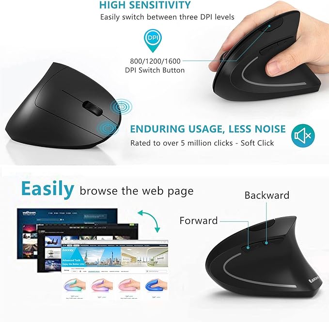 Ergonomic Mouse, LEKVEY Vertical Wireless Mouse - Rechargeable 2.4G Optical Vertical Mice : 3 Adjustable DPI 800/1200/1600 Levels 6 Buttons, for Laptop, Mac, PC, Computer, Desktop, Notebook etc, Black | Mice - TrueDesk