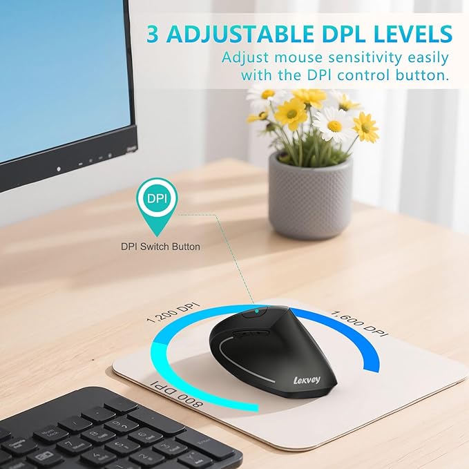 Ergonomic Mouse, LEKVEY Vertical Wireless Mouse - Rechargeable 2.4G Optical Vertical Mice : 3 Adjustable DPI 800/1200/1600 Levels 6 Buttons, for Laptop, Mac, PC, Computer, Desktop, Notebook etc, Black | Mice - TrueDesk