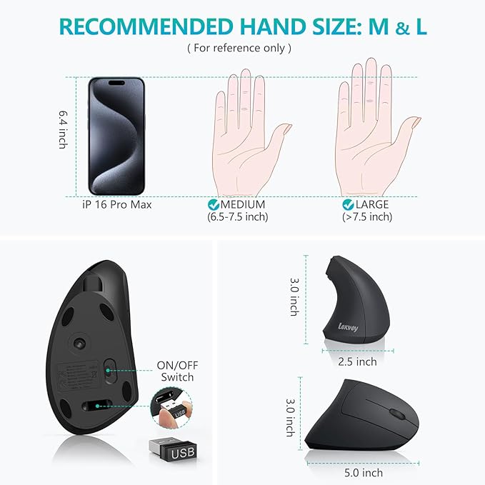 Ergonomic Mouse, LEKVEY Vertical Wireless Mouse - Rechargeable 2.4G Optical Vertical Mice : 3 Adjustable DPI 800/1200/1600 Levels 6 Buttons, for Laptop, Mac, PC, Computer, Desktop, Notebook etc, Black | Mice - TrueDesk