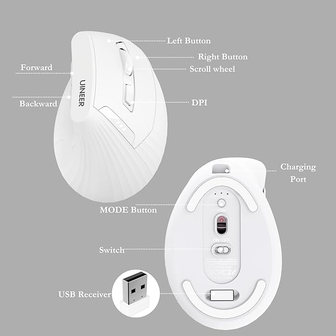 Ergonomic Mouse,Wireless Mouse,Bluetooth Vertical Mouse with BT5.0/4.0/2.4G, Rechargeable with Battery Indicator,Ergonomic Design for Comfort and Reduced Wrist Strain for Home,Office Use(White) | Mice - TrueDesk