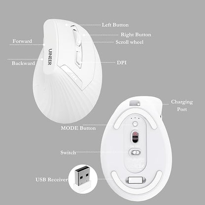 Ergonomic Mouse,Wireless Mouse,Bluetooth Vertical Mouse with BT5.0/4.0/2.4G, Rechargeable with Battery Indicator,Ergonomic Design for Comfort and Reduced Wrist Strain for Home,Office Use(White) | Mice - TrueDesk