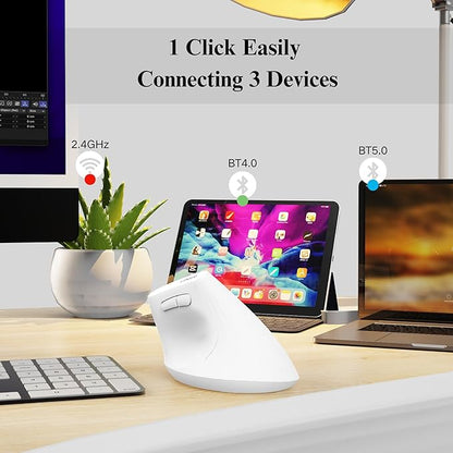 Ergonomic Mouse,Wireless Mouse,Bluetooth Vertical Mouse with BT5.0/4.0/2.4G, Rechargeable with Battery Indicator,Ergonomic Design for Comfort and Reduced Wrist Strain for Home,Office Use(White) | Mice - TrueDesk