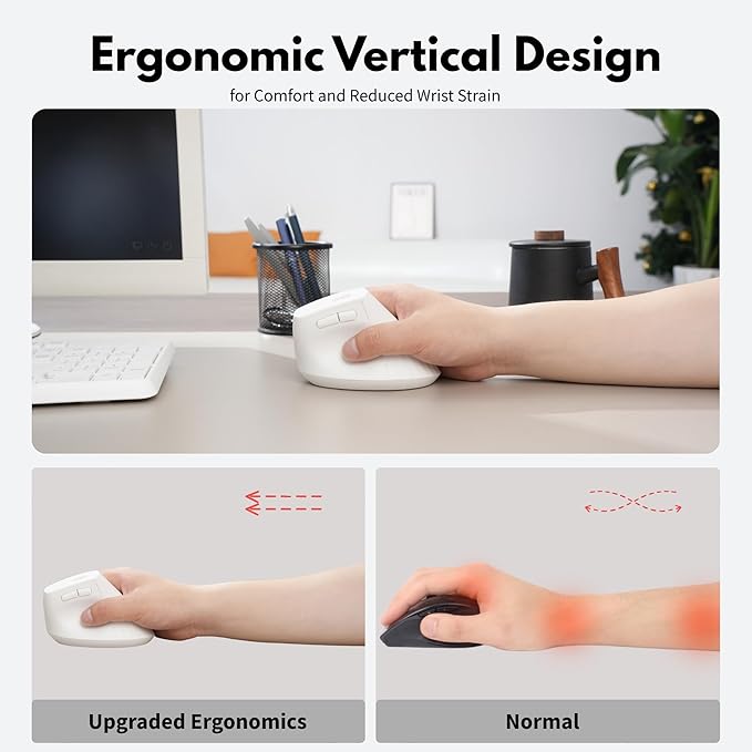 Ergonomic Mouse,Wireless Mouse,Bluetooth Vertical Mouse with BT5.0/4.0/2.4G, Rechargeable with Battery Indicator,Ergonomic Design for Comfort and Reduced Wrist Strain for Home,Office Use(White) | Mice - TrueDesk