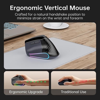 Ergonomic Vertical Mouse Wireless, Bluetooth Ultra - Fast Scrolling 4800 DPI Rechargeable Ergo Mouse, 2.4G Quiet Clicks 6 Buttons RGB Optical Mice, 3 Multi - Device Connectivity for Mac, Laptop - Black | Mice - TrueDesk