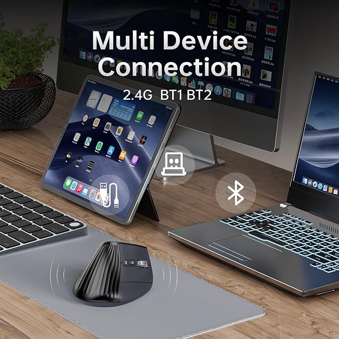 Ergonomic Vertical Mouse Wireless, Bluetooth Ultra - Fast Scrolling 4800 DPI Rechargeable Ergo Mouse, 2.4G Quiet Clicks 6 Buttons RGB Optical Mice, 3 Multi - Device Connectivity for Mac, Laptop - Black | Mice - TrueDesk