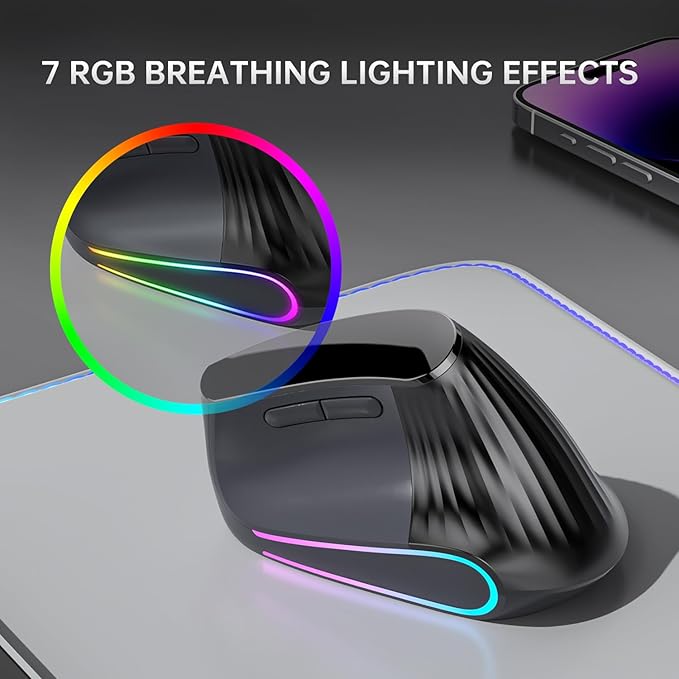 Ergonomic Vertical Mouse Wireless, Bluetooth Ultra - Fast Scrolling 4800 DPI Rechargeable Ergo Mouse, 2.4G Quiet Clicks 6 Buttons RGB Optical Mice, 3 Multi - Device Connectivity for Mac, Laptop - Black | Mice - TrueDesk