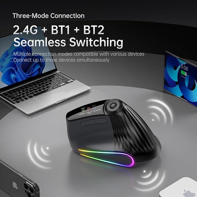 Ergonomic Vertical Mouse Wireless, Rechargeable Bluetooth Ultra - Fast Scrolling 4800 DPI Ergo Mouse, 2.4G Quiet Clicks 6 Buttons RGB Optical Mice, 3 Multi - Device Connectivity for Mac, Laptop | Mice - TrueDesk
