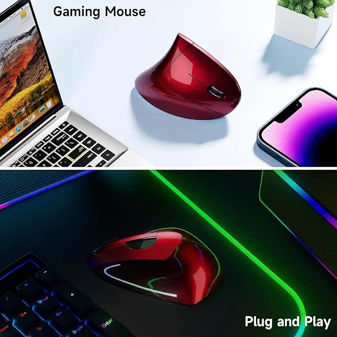 Ergonomic Vertical Wireless Mouse Stylish Rechargeable 2.4G Optical Mice Cordless Mouse with USB Receiver, 800/1200 /1600 DPI, 5 Buttons for Laptop,PC,Mac,Computer (Red) | Mice - TrueDesk