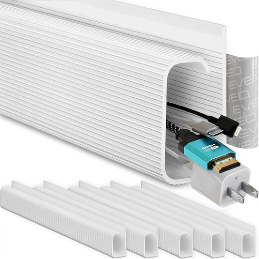 EVEO Cable Management 96'' J Channel - 6 Pack Cord Cover - Cable Raceway - Cable Management Under Desk with Adhesive Stripe Built - in 6 X 16in - Easy to Install Desk Cord Organizer - Cable Raceway, White | Cable Raceways - TrueDesk