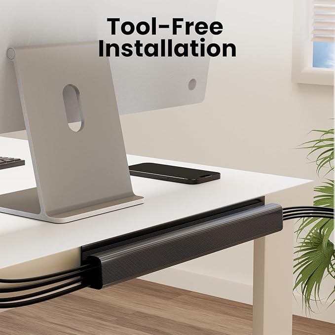 EVEO Cable Management Under Desk Kit (12 Units) - Under Desk Cable Management Cord Hider, Cable Hider Cord Management, Cable Organizer, Cord Organizer Tray - 192'' J Channel (12X16) - Black | Cable Raceways - TrueDesk