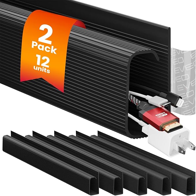 EVEO Cable Management Under Desk Kit (12 Units) - Under Desk Cable Management Cord Hider, Cable Hider Cord Management, Cable Organizer, Cord Organizer Tray - 192'' J Channel (12X16) - Black | Cable Raceways - TrueDesk