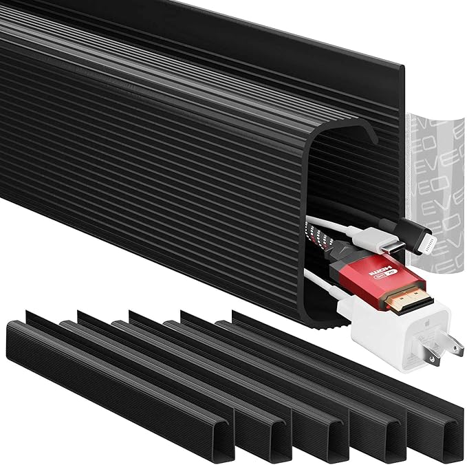 EVEO Cable Management Under Desk Kit (6 Units) - Under Desk Cable Management Cord Hider, Cable Hider Cord Management, Cable Organizer, Cable Raceway | Self - Adhesive 96'' J Channel 6X16 - Black | Cable Raceways - TrueDesk