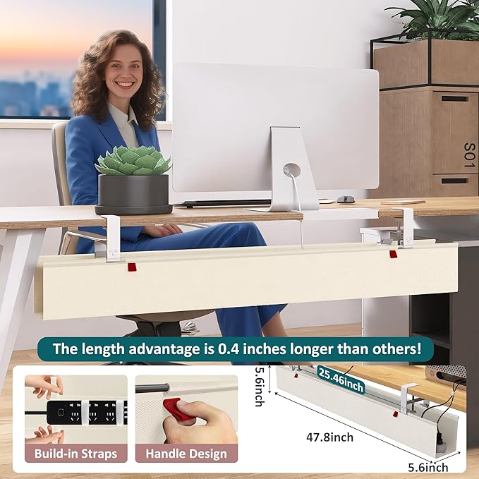 Extra Large 48" Under Desk Cable Management Tray for Standing Desk, No Drill Clamp On Wire Hider, Heavy Duty Anti - Sag Cord Organizer, Cable Tray for Studio & Dual Monitors (Beige, 47.8") | Racks Cabinets - TrueDesk