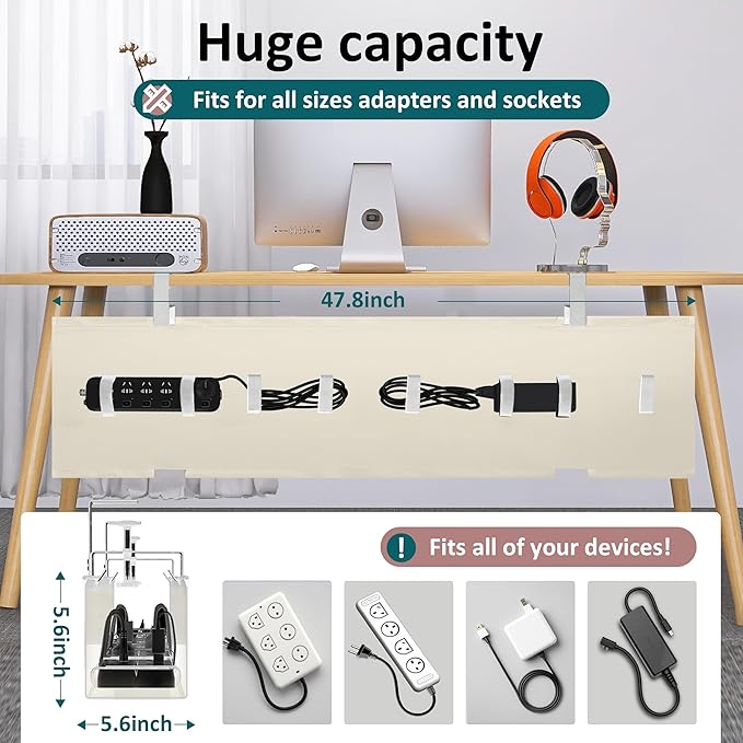 Extra Large 48" Under Desk Cable Management Tray for Standing Desk, No Drill Clamp On Wire Hider, Heavy Duty Anti - Sag Cord Organizer, Cable Tray for Studio & Dual Monitors (Beige, 47.8") | Racks Cabinets - TrueDesk