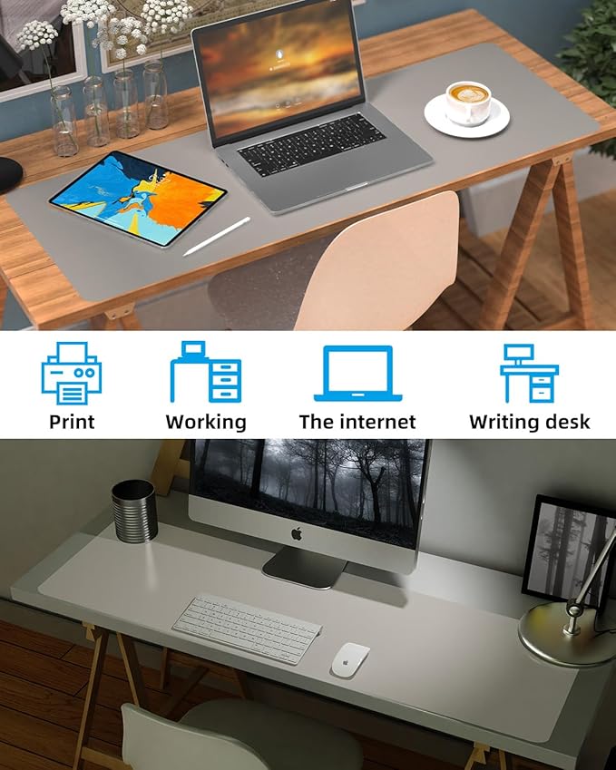 Extra Large Desk mat, Leather Desk Pad Protector,Office Desk Mat,Mouse Pad, Non - Slip Desk Blotter, Laptop Desk Pad, Waterproof Desk Writing Pad for Office&Home (Light Grye, 55" x 17") | Desk Pads Blotters - TrueDesk
