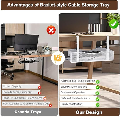 Extra Wide Under Desk Cable Management - No Drill Installation Cable Management Tray, Modern Cord Organizer for Office/Home Desk, Fits Power Strips & Wires((White, XL) | Cable Raceways - TrueDesk