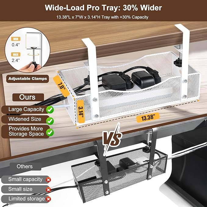 Extra Wide Under Desk Cable Management - No Drill Installation Cable Management Tray, Modern Cord Organizer for Office/Home Desk, Fits Power Strips & Wires((White, XL) | Cable Raceways - TrueDesk
