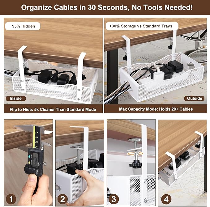 Extra Wide Under Desk Cable Management - No Drill Installation Cable Management Tray, Modern Cord Organizer for Office/Home Desk, Fits Power Strips & Wires((White, XL) | Cable Raceways - TrueDesk