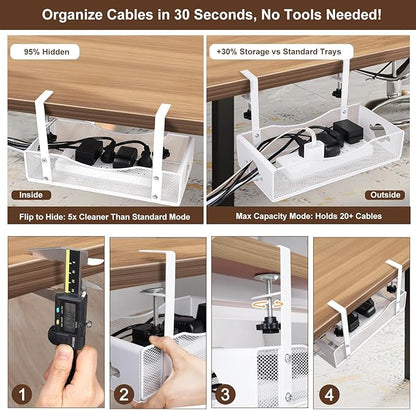 Extra Wide Under Desk Cable Management - No Drill Installation Cable Management Tray, Modern Cord Organizer for Office/Home Desk, Fits Power Strips & Wires((White, XL) | Cable Raceways - TrueDesk