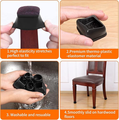 Ezprotekt 24 Pcs Black Square Chair Leg Floor Protectors with Felt, Silicone Felt Furniture Pads Cups for Hardwood Floor, Dining Table Leg Caps Covers No Scratches and Noise (M Fit: 0.75" - 1") | Furniture Pads - TrueDesk